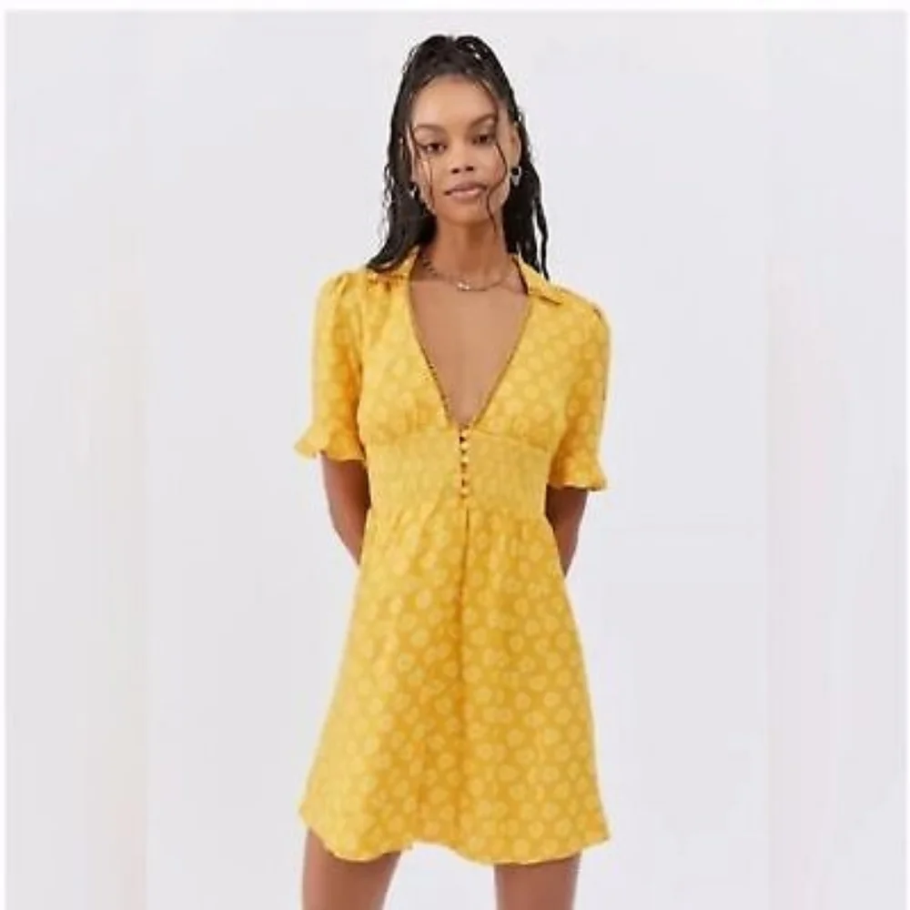 NWT Urban Outfitters S Mustard Yellow Floral Prarie Cottagecore Mini Dress - Picture 2 of 10